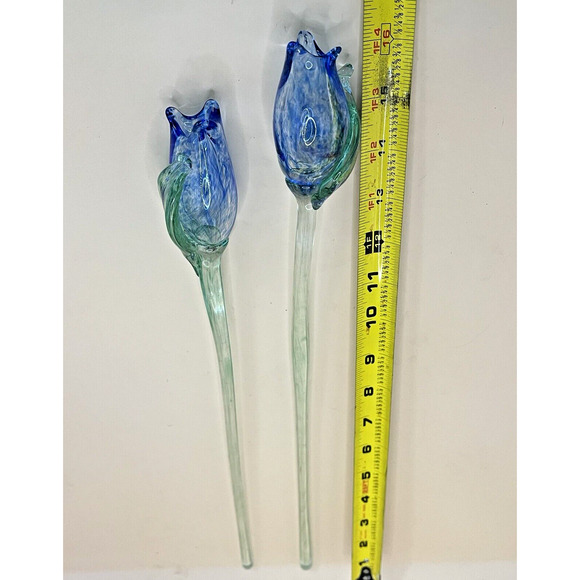 Vintage Blown Glass Art Long Clear Stem Blue and Green Flower Buds Set of 2 - Picture 4 of 4